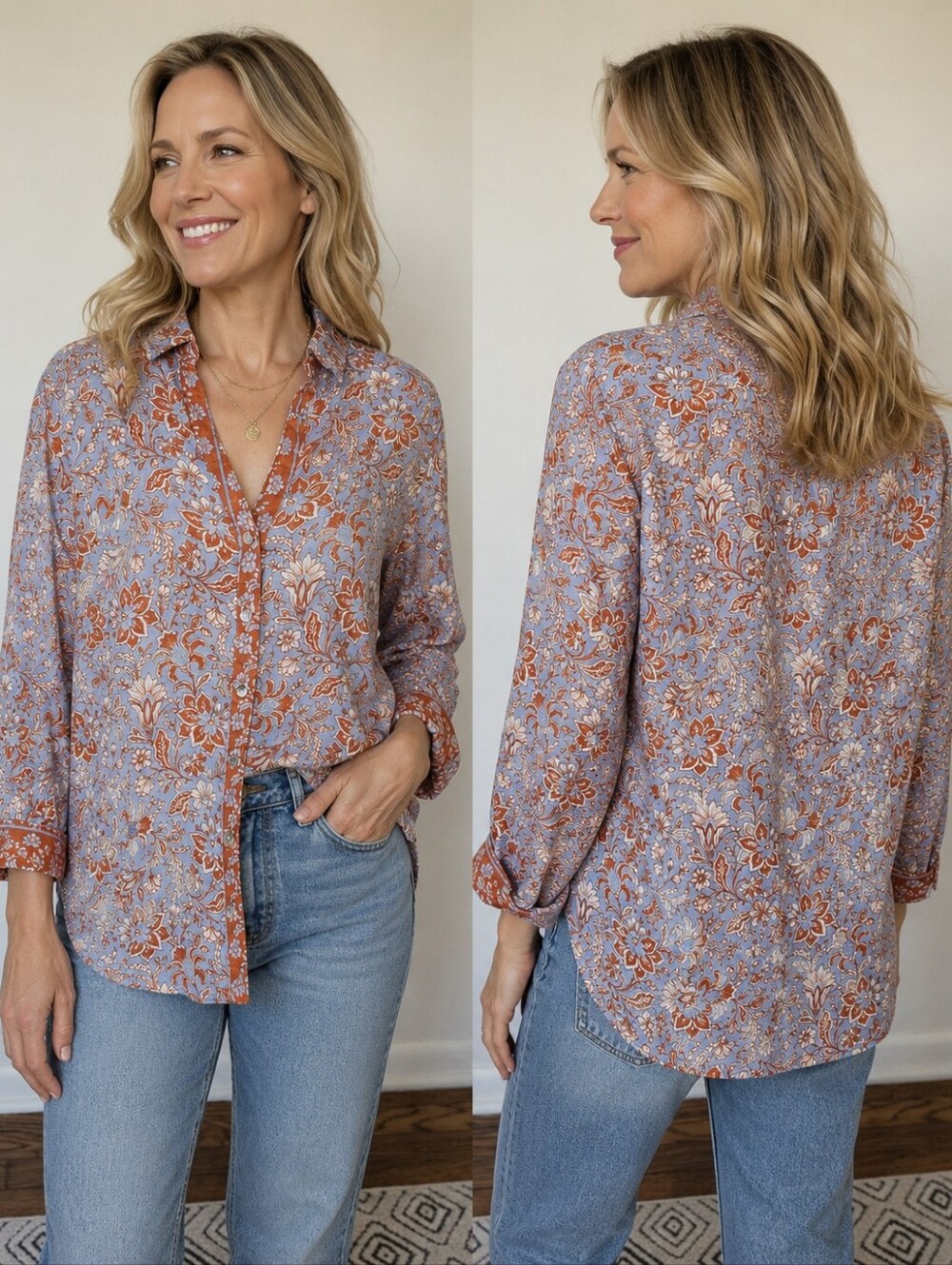 Rachel Zoe 100% Linen Floral Pearl Button Front Blouse Top Blue Orange Relaxed S